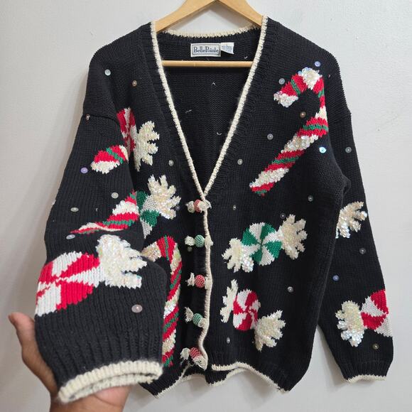 Belle Pointe Womens Vtg 90s Christmas Holiday Candy Sequins Cardigan Sweater L - Picture 5 of 11